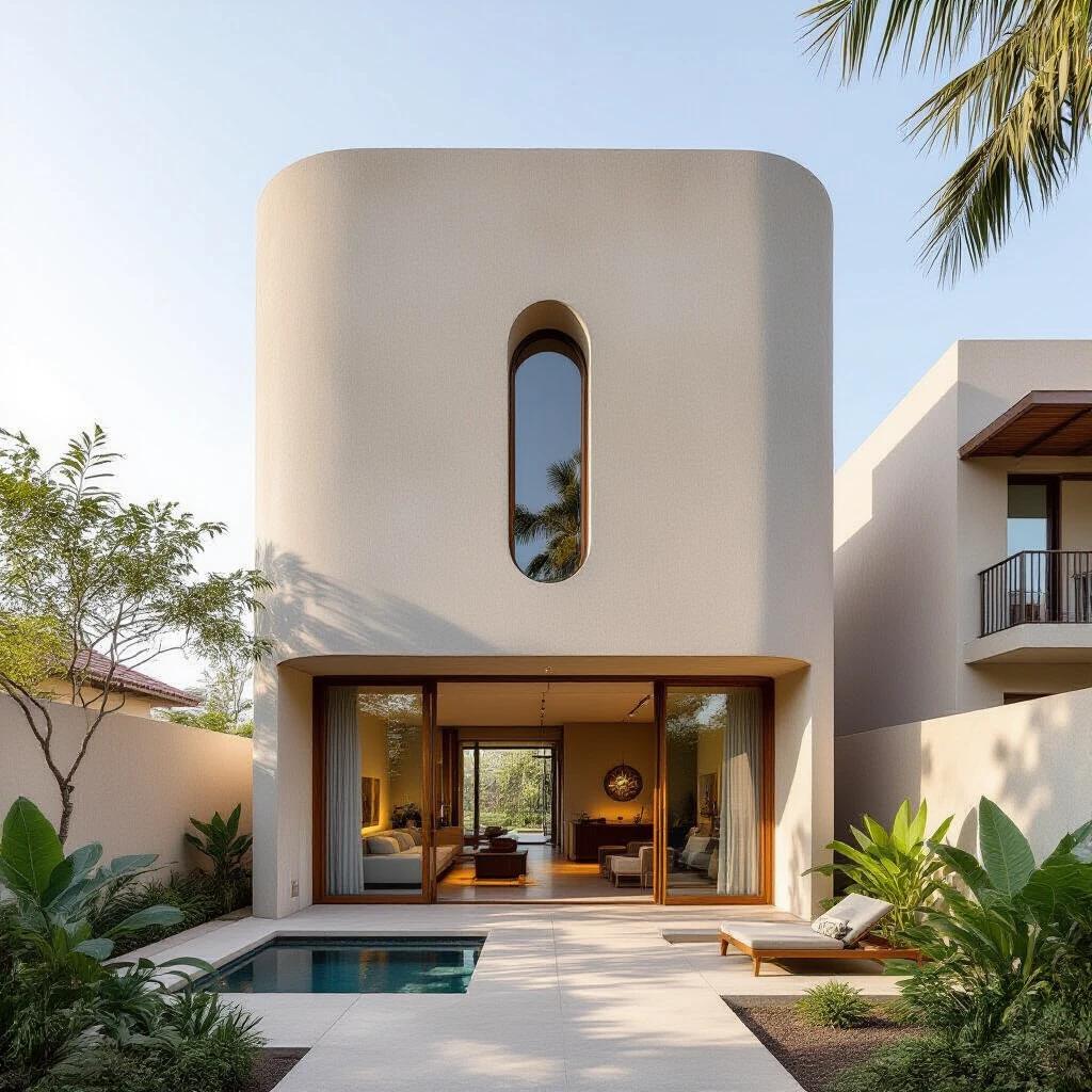 Minimal long three story townhouse with rounded edges. Singular narrow window cut out from floor to roof. Organic finish with indoor outdoor flow. Resort style features with Japandi and African style detailing.