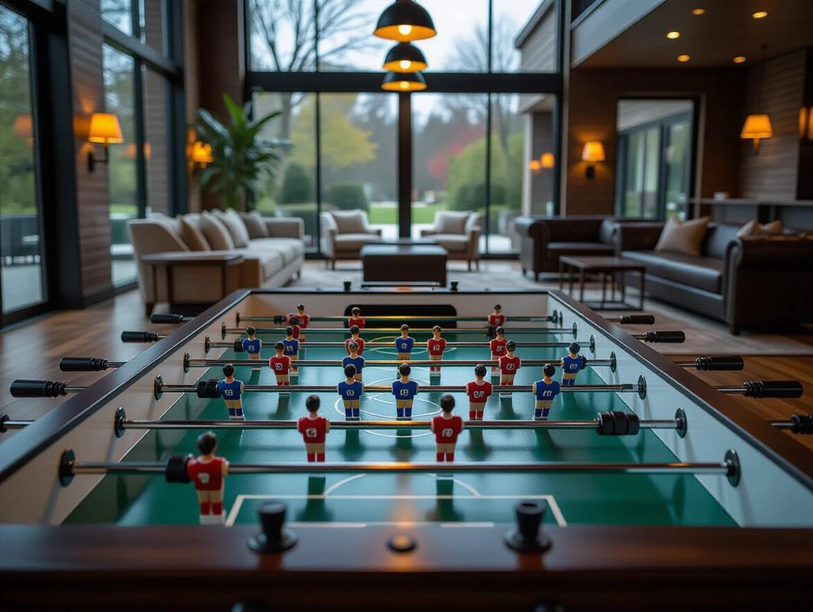 Top-down shot of foosball table with miniature players arranged for kickoff. View directly from above. High contrast lighting casts soft shadows across glossy surface. Red and blue teams clearly separated. Background blurred revealing elegant indoor lounge with floor-to-ceiling windows and plush sofas. Stylish symmetrical composition.