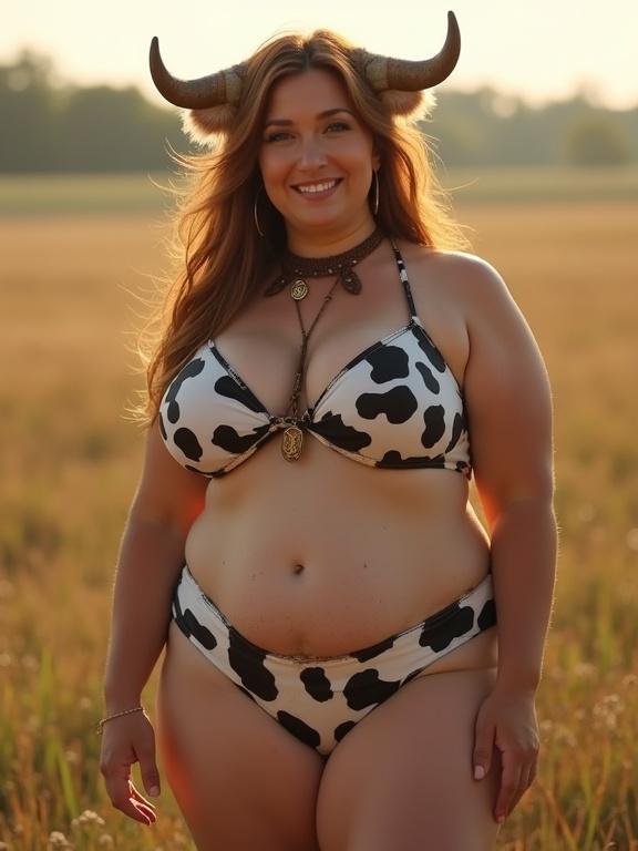 Full body photo of a mature woman in a pasture. She wears a cow-print bikini. Signs of use include fraying and fading. Her figure is curvy and maternal. Long chestnut hair with a gentle smile. Weathered leather collar with brass tag. Fluffy cow ears and small horns. Warm natural light in a farm field.