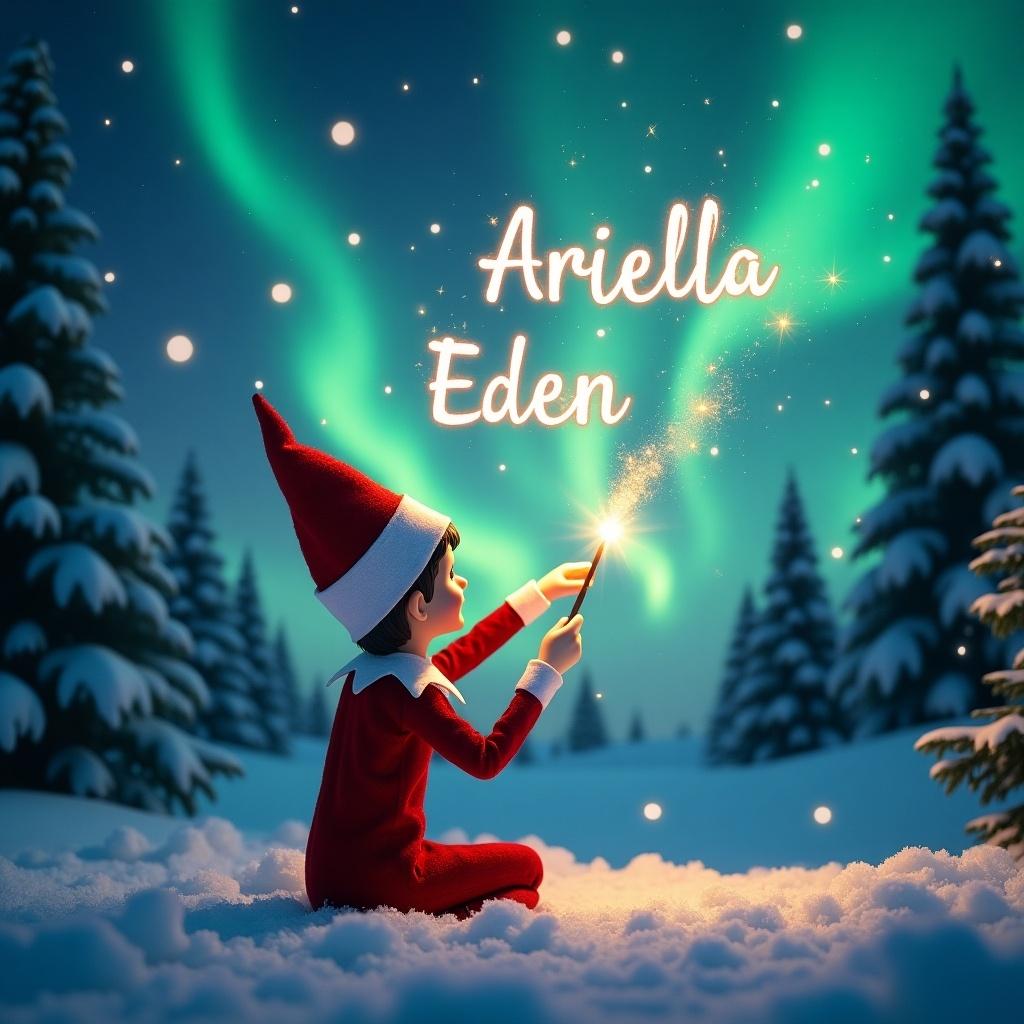 The image features an elf on the shelf in a winter wonderland setting. The elf sits with its back to the viewer, gazing at the sky filled with vibrant northern lights. With a magical wand, the elf writes names in a shimmering light. The ground is covered in snow, and evergreen trees dot the background. The name 'Ariella' shines in sparkling light above. The overall scene is whimsical and festive, capturing the magic of Christmas.