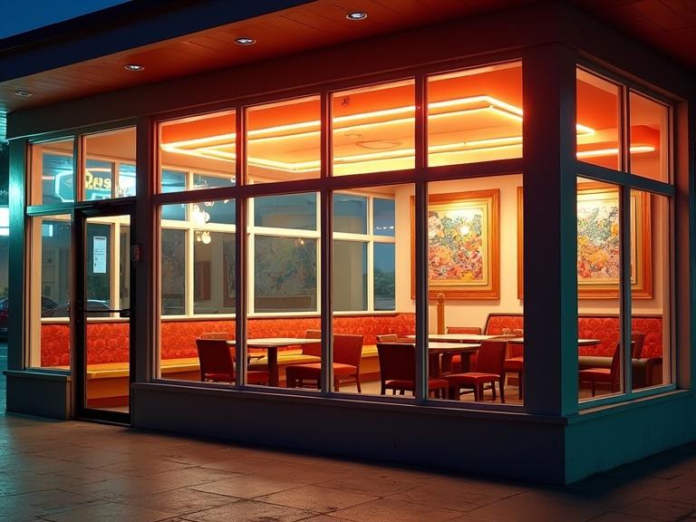 Orthographic view of a classic fast food restaurant with large glass windows. Night scene highlights cozy interior. Bright seating with retro patterns. Warm lighting creates inviting atmosphere.