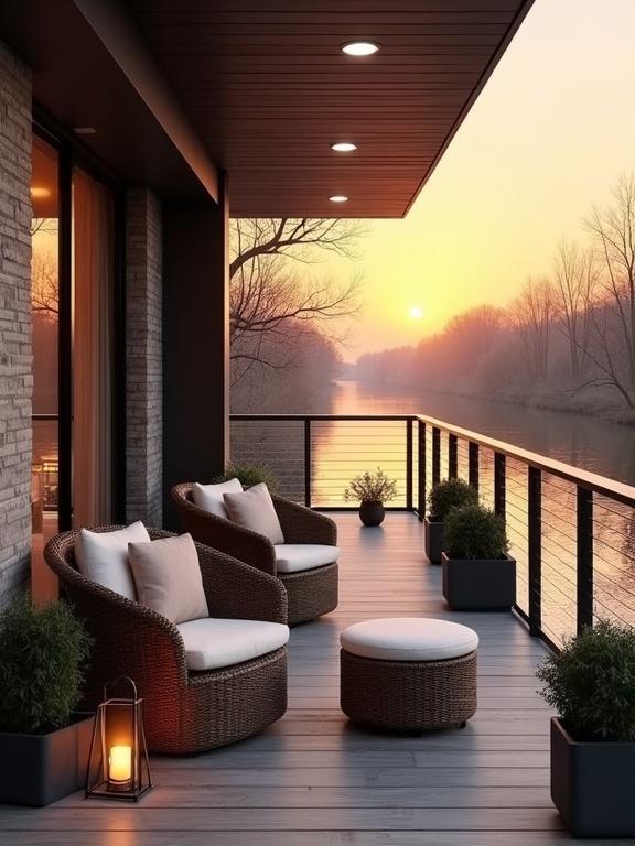 This image showcases a stunning riverside balcony at sunset. The setting features wicker armchairs and an ottoman on a smooth wooden deck. Ambient lighting creates a warm and tranquil mood. Planters with greenery add a touch of nature. Architectural elements include modern railing and recessed lighting, enhancing the peaceful vibe.