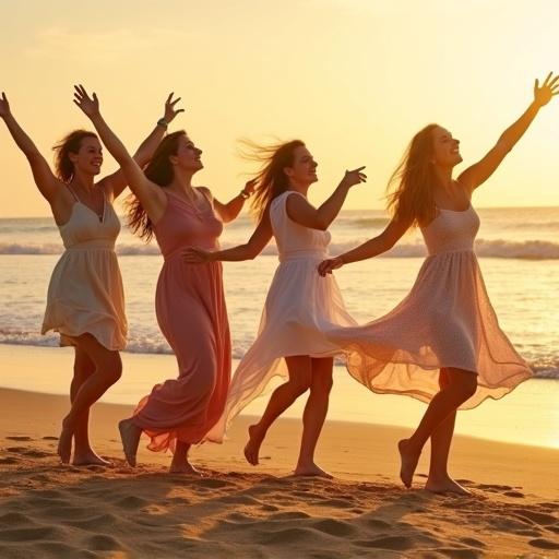Adult women dancing on a sandy beach during sunset. They wear flowing summer dresses and light beachwear. They are barefoot and expressing joy with arms raised. Their hair flows in the gentle breeze. The scene captures dynamic dance poses and grace. Warm golden sunlight casts glows and shadows. Gentle ocean waves are in the background. The colors are vibrant and natural. The atmosphere is relaxed and celebratory. The style is high detail and realistic.