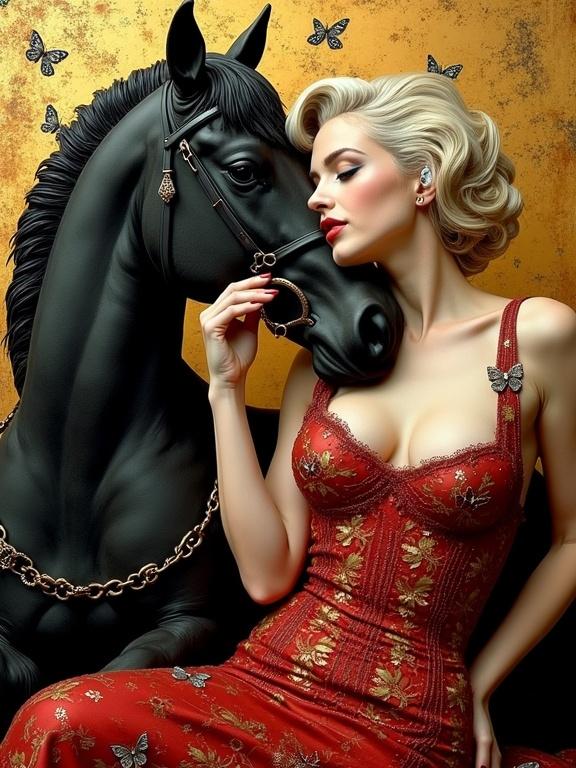 Mixed media artwork depicting a woman embracing a horse. Woman wears a red dress. Artwork has intricate details and a whimsical style. Themes of passion and intimacy are portrayed.