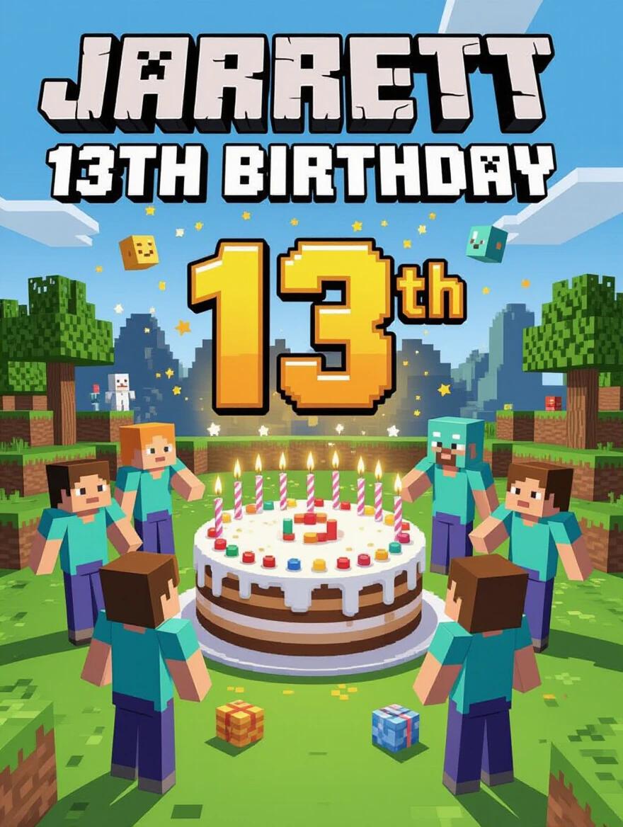 Birthday celebration scene set in a Minecraft world with characters surrounding a large cake. Text at the top reads 'Jarrett 13th Birthday'.