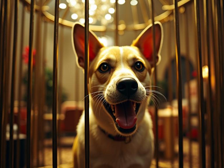 Smug yet confused dog in a cage at a luxury hotel. Hotel staff treating cage like a VIP lounge. One offers hors d’oeuvres through the bars. Another polishes the cage exterior. Low angle shot with exaggerated scale. Emphasizes opulence and playful elegance.