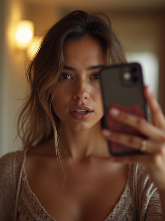Cellphone selfie. Grainy photo quality. Beautiful woman with a neckline showing. Natural light from the background.