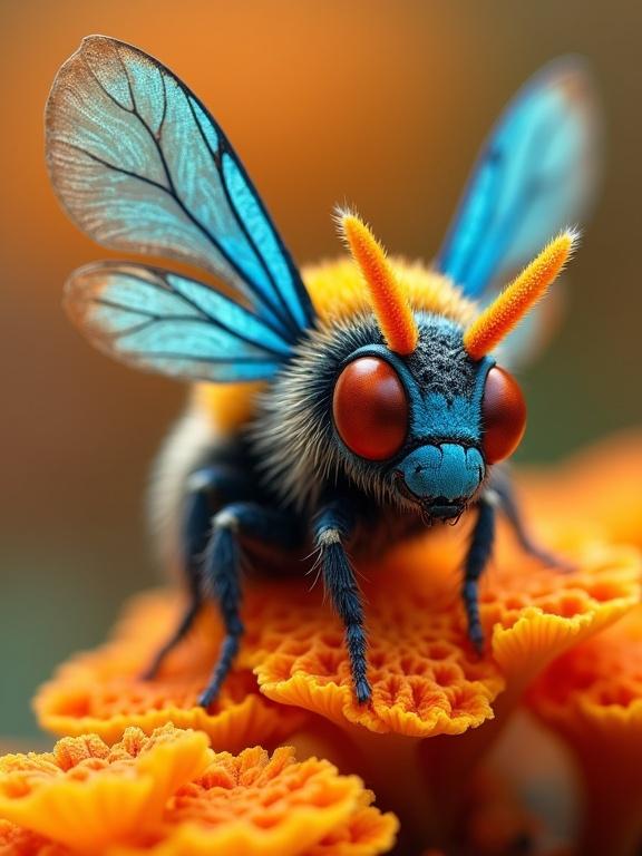 Image features a fantastical insect-like creature Vibrant colors and exaggerated traits Natural environment with rich textures Close-up view of the creature Perched on colorful fantasy mushrooms or coral-like fungi