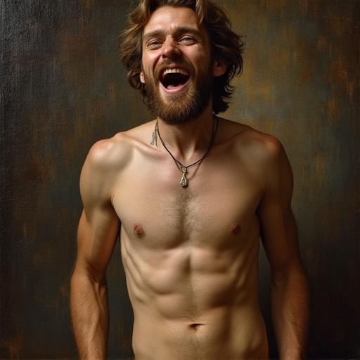 Man with medium length hair and beard smiling. Subject is shirtless showing defined muscles. Backdrop has textured earth tones. Lighting is soft and warm.