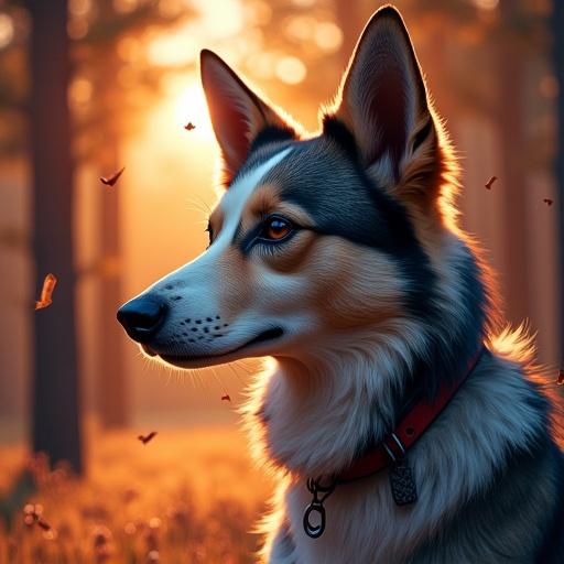 A detailed image of a dog in a forest setting during sunset. The focus is on the dog's face. The lighting gives a warm golden hue, creating an inviting atmosphere.