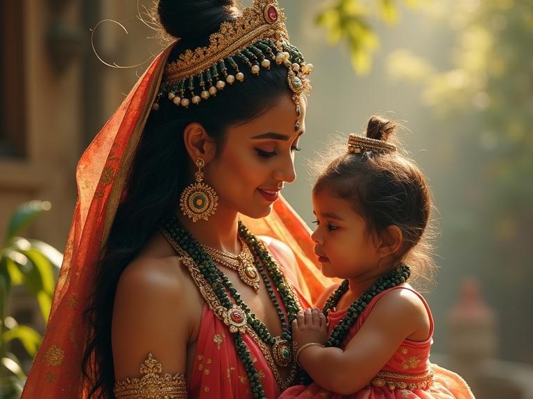 Beautiful scene of Goddess Parvati with full shringar and jewellery embracing Ashokasundari. They share a joyful moment expressing love and connection. Goddess Parvati embodies divine power and motherhood. Ashokasundari symbolizes peace and joy in her life.