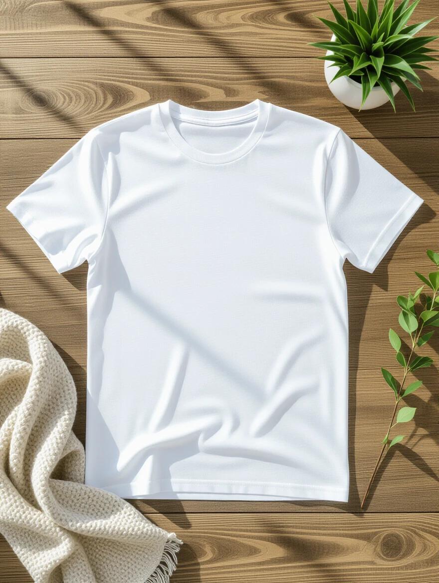 Top-down flatlay of a plain white unisex T-shirt with no design on a wooden background. Soft linen fabric beside the shirt and a small plant. Natural daylight with soft shadows. Chest area is empty with a realistic cotton texture and no wrinkles or folds.