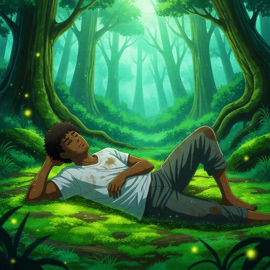 A man lies on glowing moss in a forest. He has medium brown skin and curly black hair. Wears a white shirt and gray pants, dirty from a storm. The forest has tall trees and sunlight. The scene is magical and serene.