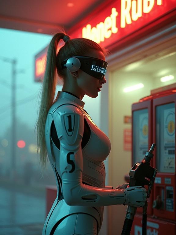 A cinematic shot of a Robocop inspired character at a petrol station. Character has a sleek metallic exoskeleton and glowing visor. Standing with fuel nozzle surrounded by vapor. The scene has Lomography film effects. Telephoto lens used to create bokeh background. Dramatic sidelighting highlights contours and armor shine.