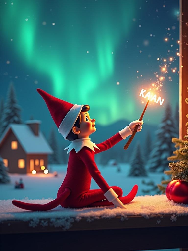 Elf on the shelf with back to viewer gazing at northern lights. Holding glowing wand with name KAAN appearing. Snow covers ground and cozy house in the distance. Image captures magic and wonder of Christmas.