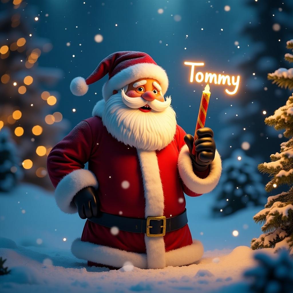 Magical Christmas Santa writing the name Tommy with glow stick. Cheerful Santa in snowy setting. Glowing name in hand. Beautiful holiday atmosphere.