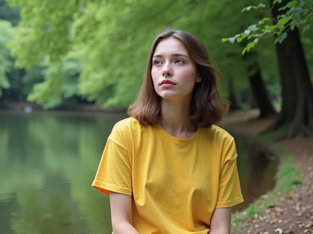 A young woman is sitting outdoors beside a serene body of water, with lush green trees surrounding the area. She is wearing a casual yellow t-shirt, which stands out against the natural background. Her expression is thoughtful and serene, as she looks out over the water. The atmosphere is calm, evoking a sense of peace and tranquility. The scene captures a perfect moment of reflection in nature, highlighting the beauty of the environment.