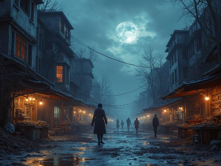 Marketplace street scene in the year 3025. Twilight sky looms over decaying futuristic architecture. Silhouettes of people explore the area. Ambient glow from shops adds to the atmosphere. Moon hangs large in the sky above.