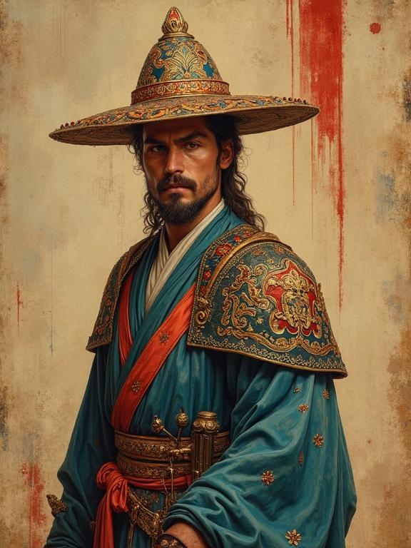 Portrait of a warrior in traditional Asian attire featuring ornate hat and intricate details. The warrior has a focused expression, embodying strength and nobility. Rich colors and textures enhance the cultural significance of the outfit.