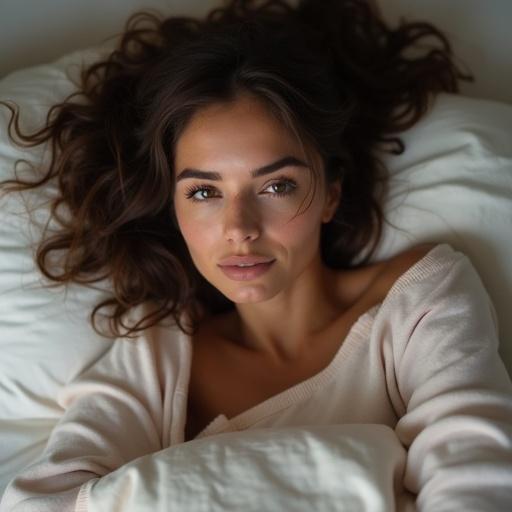 Portrait of a young woman with shoulder-length dark hair and almond-shaped eyes. She has thick eyelashes and fine eyebrows, a defined chin, and thin lips. She wears light pajamas and lies face down on a bed with slightly elevated feet. The close-up captures her relaxed gaze towards the camera.