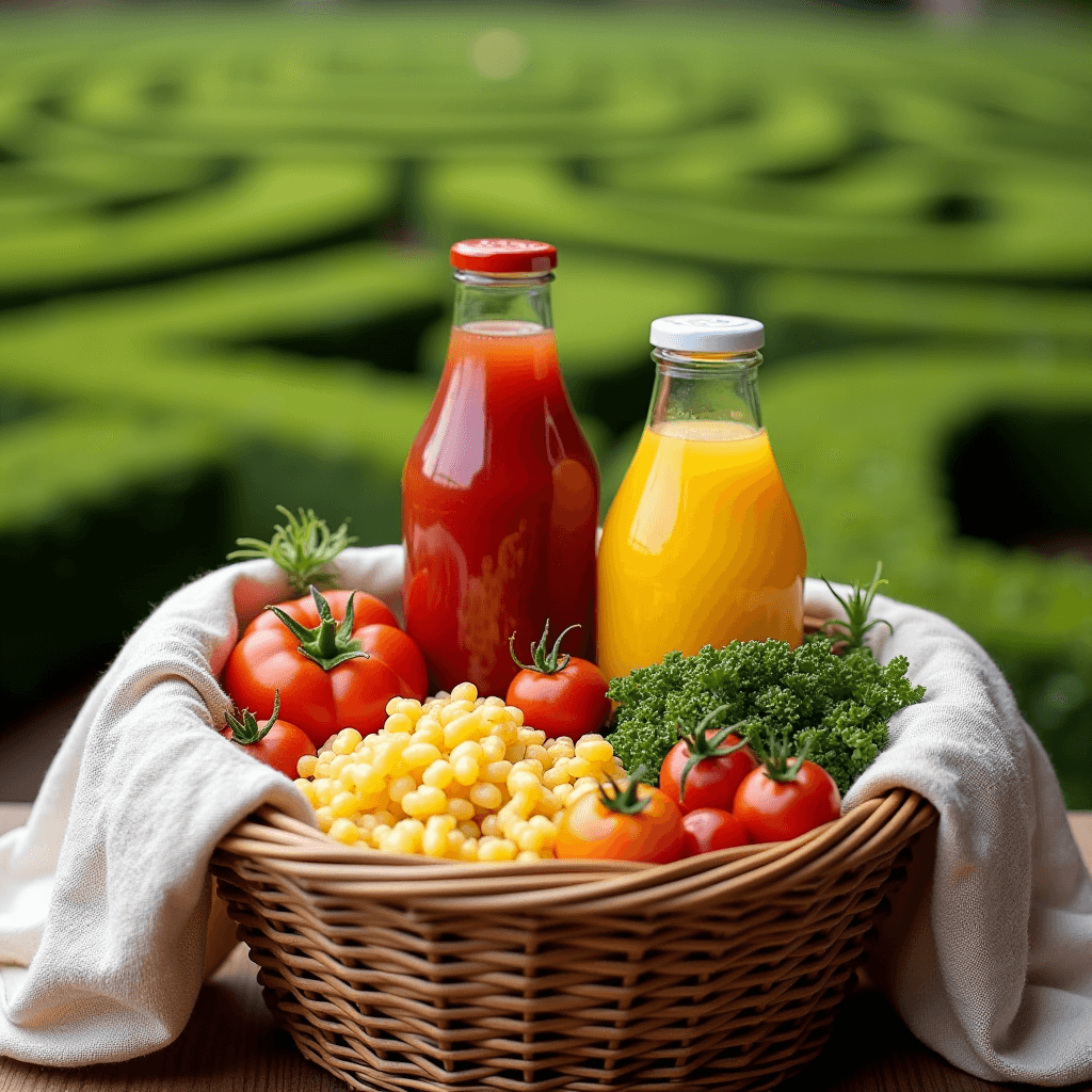 A wicker basket filled with fresh tomatoes, corn, parsley, and bottles of juice in a garden setting.