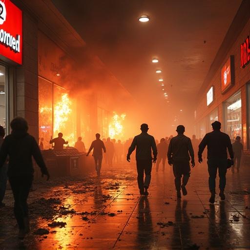 A dramatic chaotic scene inside a burning shopping mall at night. Fire spreads from damaged storefronts. Thick smoke fills the interior. Figures run in fear amidst debris. Some help others escape. Silhouettes resembling zombies create panic. Survivors use tools to fend off threats. The lighting is dim and urgent. The mood is tense and cinematic.