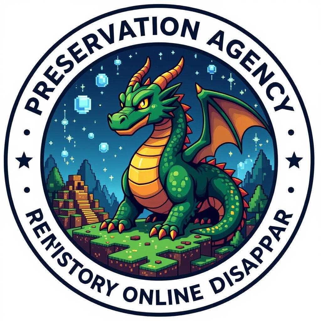 Round logo design featuring a colorful dragon. Represents a preservation agency focused on historical narratives and online community archives. Influenced by gaming aesthetics and digital themes.