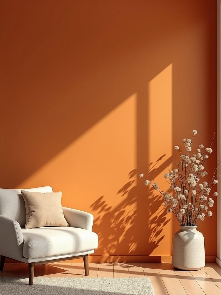 Living room features an orange wall. A comfortable armchair with a cushion is present. A tall vase with branches stands beside the chair. Sunlight creates shadows on the wall and floor.