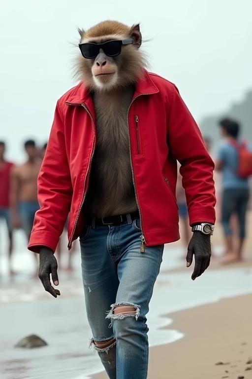 A monkey wearing a red jacket black sunglasses and ripped jeans walks confidently on the beach. Sea breeze flows through fur crowd looks amazed.