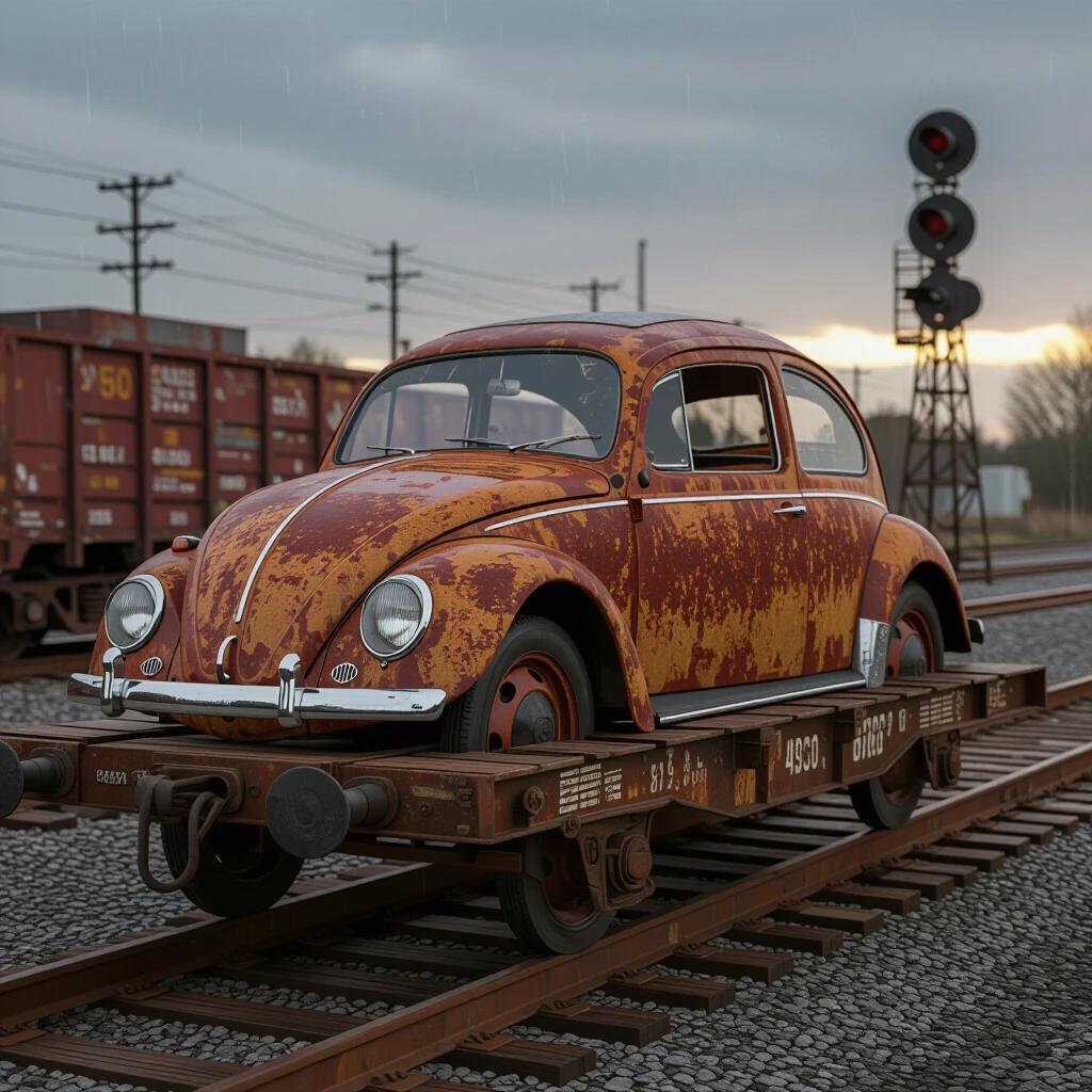 Old Volkswagen Beetle abandoned and rusted on railway flatcar. Vehicle shows decay with textured oxidized metal and peeling paint. Rain falls in industrial area with blurred background. Image captures details of car's interior and exterior. Low-angle perspective with cinematic lighting.