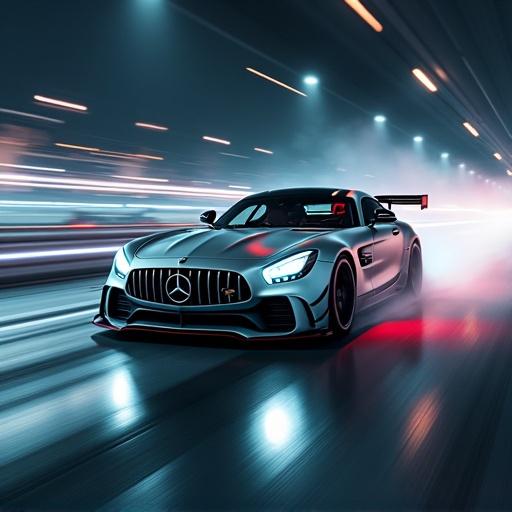 Sport photography capturing a Mercedes AMG racing car in a dynamic pose. Wide angle show with a freeze pose effect. High-quality visuals suitable for a TV commercial. Creative lighting with motion blur in the background showcasing the car's speed. Asymmetrical composition with professional color grading in a cinematic style.