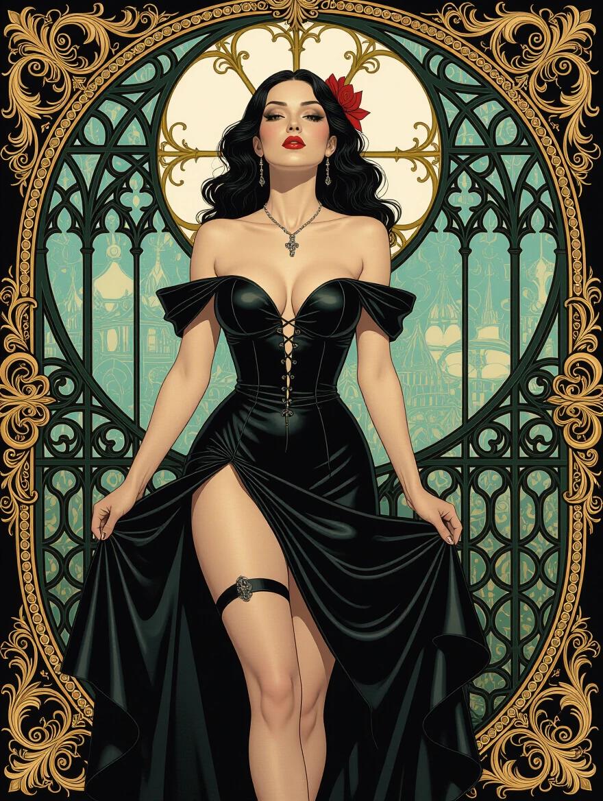 A woman in a black off-shoulder dress stands confidently. Background features ornate patterns and architectural elements. Soft lighting highlights figure and features a gothic style. Emphasis on elegance and allure.