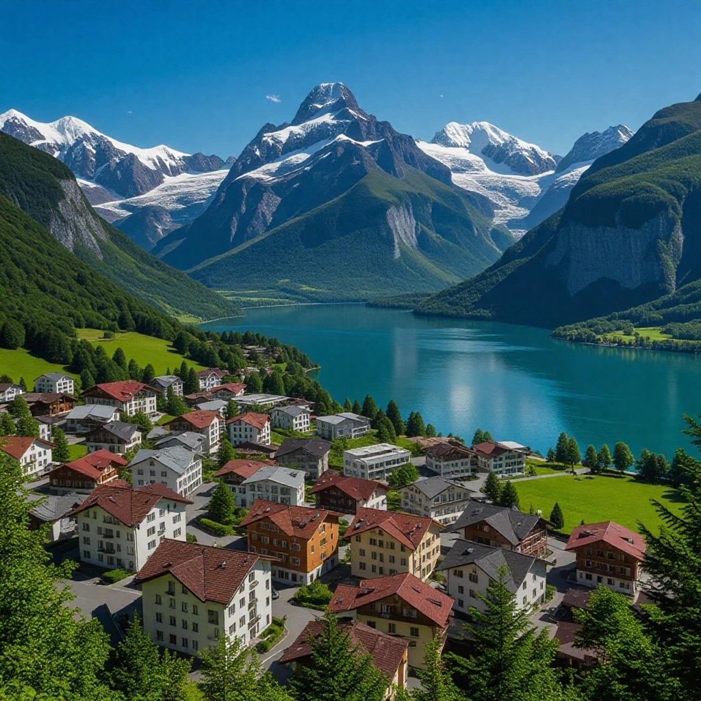 Aerial view of a picturesque village surrounded by mountains and a lake. Bright blue skies above and snow-capped peaks in the distance. Lush greenery in the foreground with cozy houses.