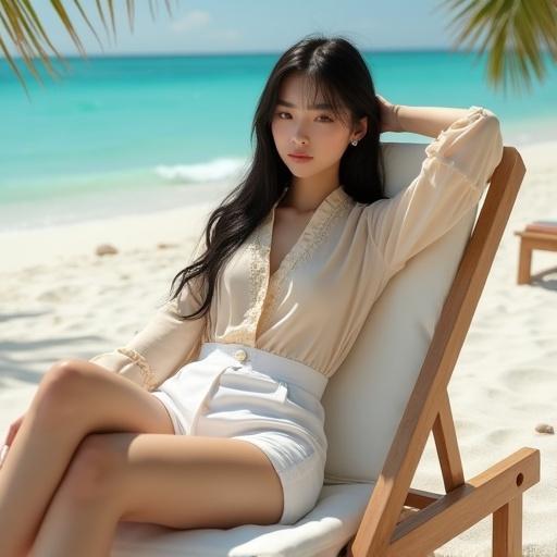 A young Asian woman relaxing on a beach chair. Skin is porcelain fair with soft pink blush. She has warm brown eyes and long black hair with blunt bangs. Wearing a cream blouse and high-waisted shorts. Reclining on white sand beside turquoise waves. Sunlight enhances her skin glow. The background features palm trees and seashells.