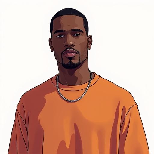 black male character with no accessories wearing a solid orange t-shirt standing directly facing the camera in bright light. No background. Styled in Grand Theft Auto 3 box art with bold outlines and vibrant colors