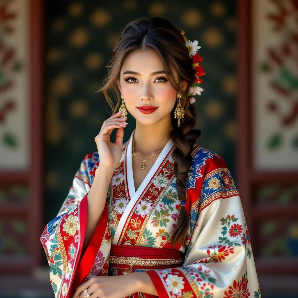 Woman in traditional clothing holds her hand gracefully. Attire features rich colors and intricate designs. Background includes cultural symbols. Scene evokes elegance and grace.