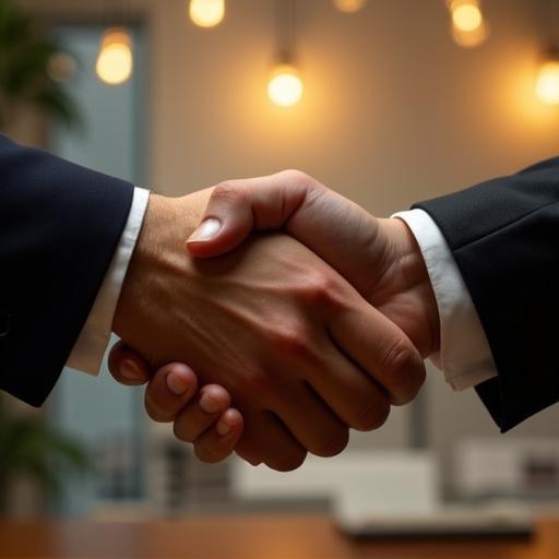 Close-up of two hands in a handshake. Modern corporate office background. Warm, soft lighting. Detailed textures and shadows seen on the hands. Rich color palette of gold and charcoal tones. Balanced composition highlighting business collaboration.