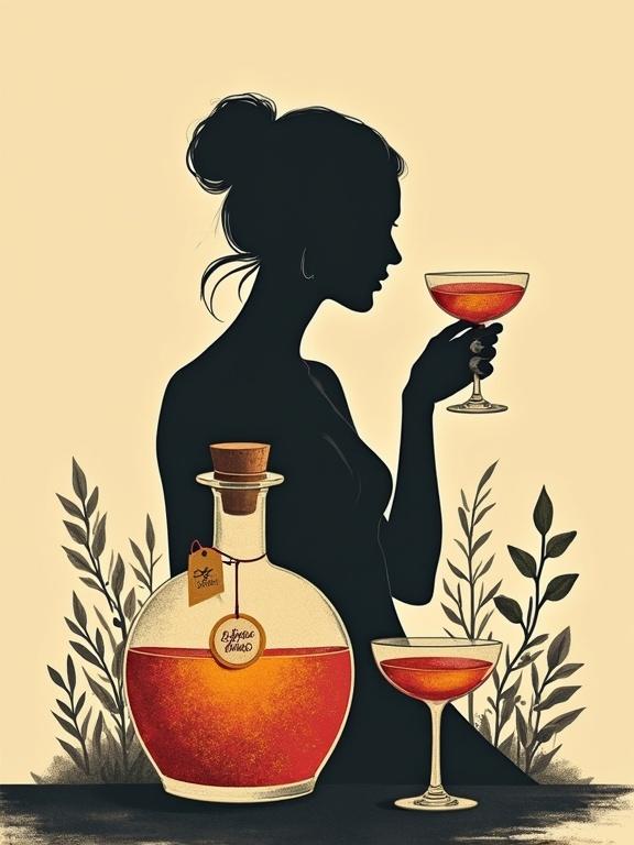 A minimalist screen printing art piece with a silhouette of a topless germanic goddess holding a cocktail glass. An apothecary bottle radiates a golden-reddish glow. Two cocktail glasses flank the bottle. The composition is against a beige background. Elegant and mysterious mood.