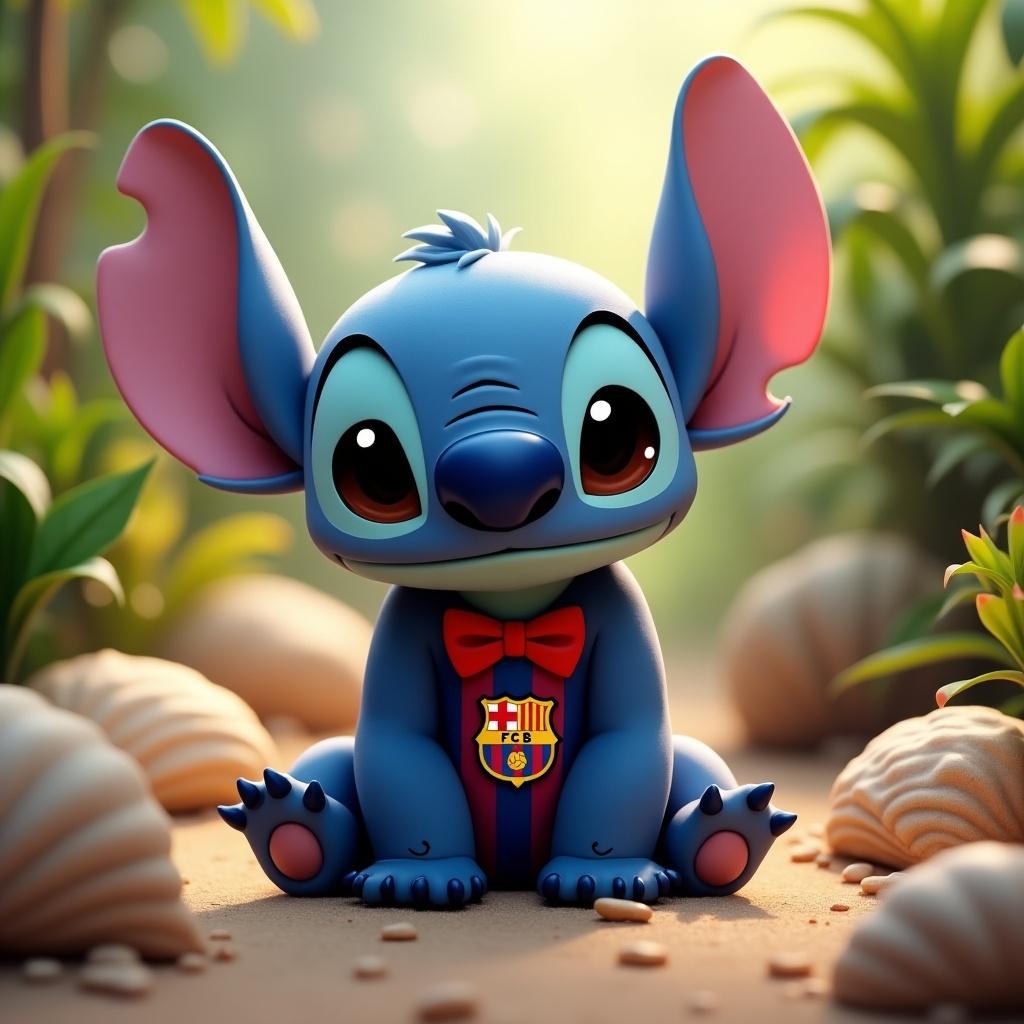 A cute blue character inspired by Stitch from Disney. The character has large ears and wears a bow tie. The setting is colorful with plants and shells surrounding the character. Soft lighting creates a warm atmosphere. The character is wearing an FC Barcelona jersey.