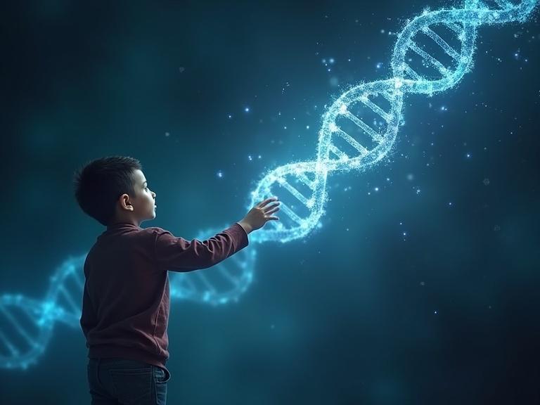 A boy reaches out to a glowing digital DNA strand in a cosmic background. Symbolic of curiosity and future scientific exploration.