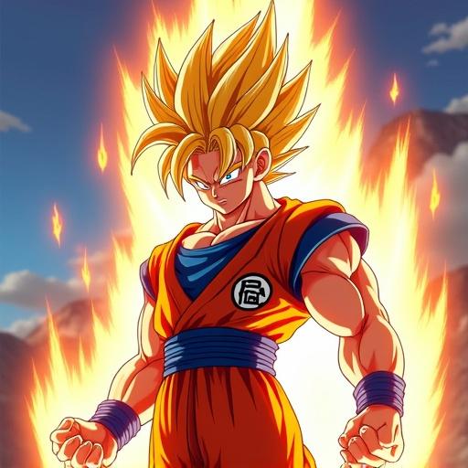High quality digital artwork of Dragon Ball Z character Goku in Super Saiyan transformation. Goku emits a glowing aura with energy effects. Depicts intense expression and detailed muscles. Features iconic hair spikes and a powerful stance. Action-packed scene with adrenaline-fueled atmosphere and dramatic lighting effects.