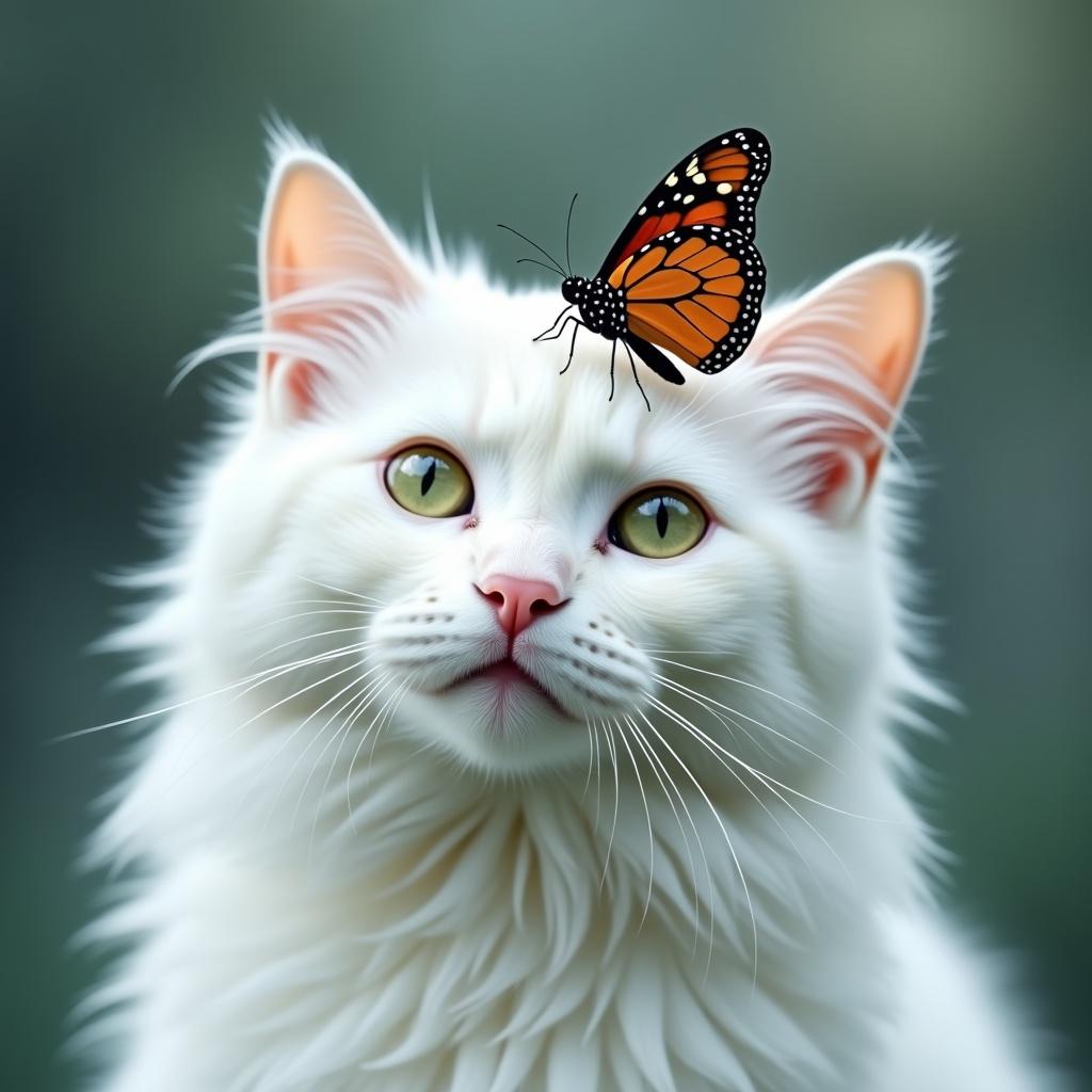 A fluffy white cat gazes forward with striking green eyes. An orange and black butterfly rests gently on its head. The background is softly blurred, suggesting an outdoor scene.