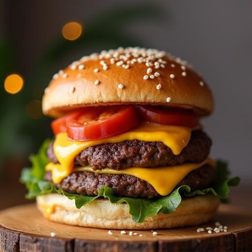 A delicious double cheeseburger. The burger has two layers of melted cheddar cheese. Fresh lettuce and sliced tomatoes are layered between the patties. The bun is sesame-seeded and golden brown. The background is softly blurred with warm lights.