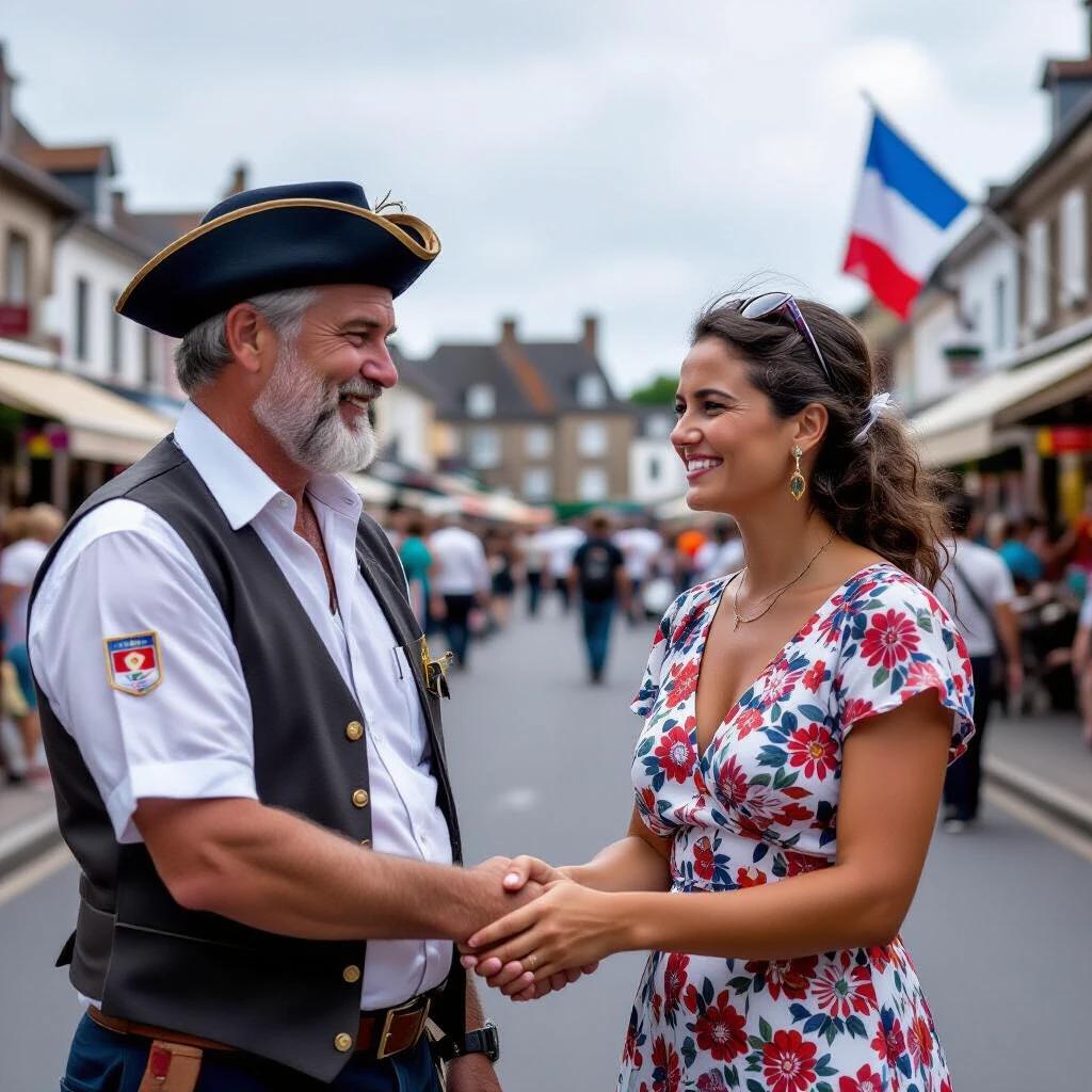 A French Breton man shakes hands with a 30-year-old Mauritian woman. Visible are the emblems of Brittany and Mauritius. The setting is a bustling street market depicting a vibrant cultural scene.