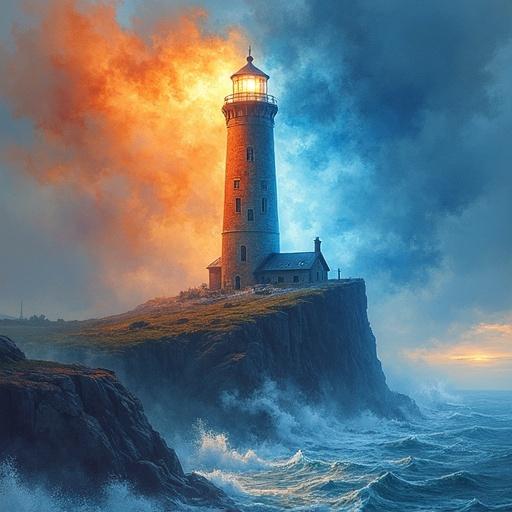 Colossal lighthouse sits on jagged cliff. Lantern room split in two. One half blazes with fire. Other half glows with icy blue mist. Watercolor painting style. Dramatic elemental contrast. Swirling clouds above. Waves crash below.