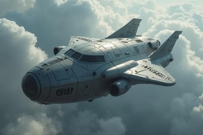 Cinematic sci-fi image of a bulky grey metal dropship entering the troposphere. The dropship features small windows and intricate textures. The atmosphere includes clouds, showcasing realism.