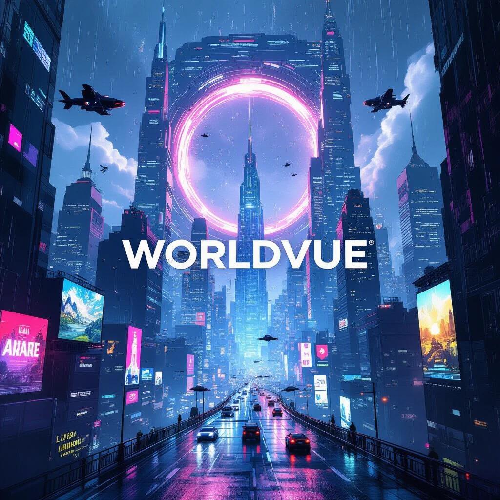 Dramatic cyberpunk vision of WorldVue text. Futuristic city skyline with colossal glowing portal. Neon lights illuminating towering skyscrapers. Flying vehicles in vibrant energetic atmosphere. Rainy urban environment with vivid colors. Wide-angle view, 8K quality, highly detailed immersive concept art. Through portal glimpses of global landscapes visible.