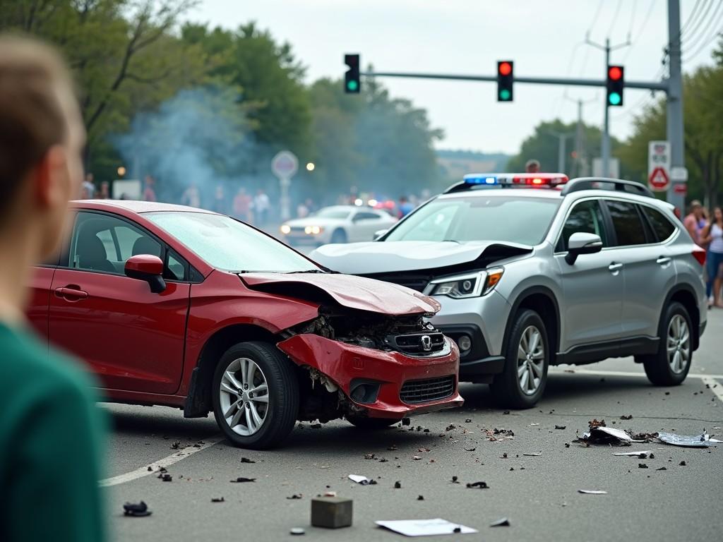 The image depicts a recent car accident on a busy road. Two vehicles are involved, a damaged red sedan and a silver SUV. The red car has significant front-end damage, and debris is scattered on the roadway. In the background, emergency vehicles with flashing lights can be seen, indicating that help has arrived. Onlookers are present, observing the scene with concern. The sky is overcast, creating a somber atmosphere around the incident. Traffic lights are visible, suggesting an urban setting. Overall, the image conveys the urgency and seriousness of a vehicular accident.