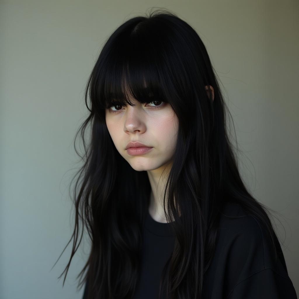 Girl with long black hair and bangs covering her eyes, wearing baggy clothes. Around 20 years old.