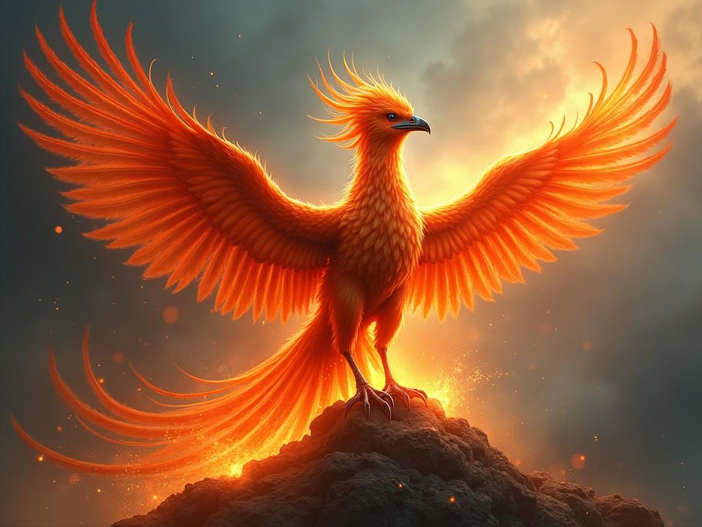 a mythical phoenix bird with vibrant orange feathers spreading its wings atop a rocky cliff with glowing embers and a dramatic sky in the backdrop